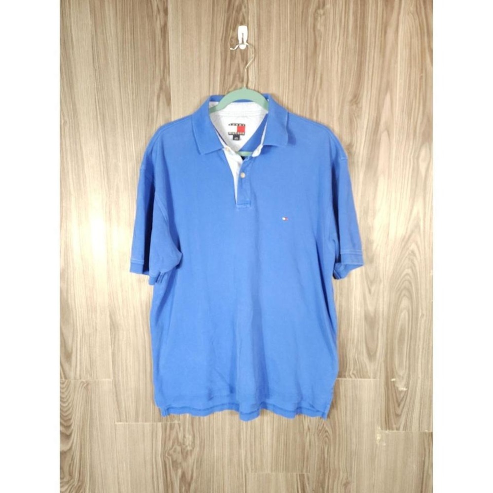 Tommy Hilfiger Mens Blue Pique‎ Cotton Short Sleeve Polo Shirt Size L Flag Logo